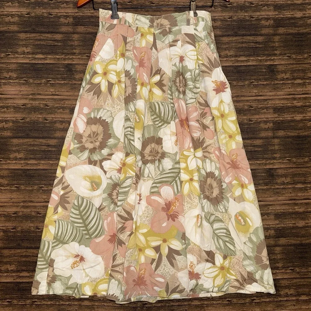 Vintage Leslie Fay Sportswear Women's Yellow Green Floral Midi Skirt Size 10